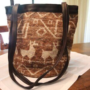 HAND CRAFTED WOOL/LEATHER BAG - ECUADOR- DOUBLE HANDLED - LLAMAS? NATIVE MOTIFS